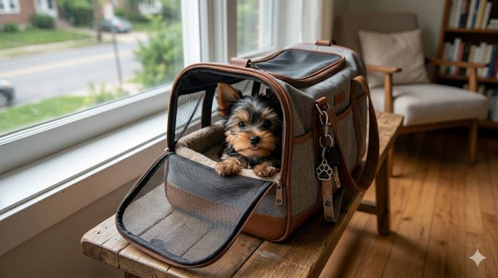 입양 첫날, 이동 가방 속 아기 요크셔테리어 사진