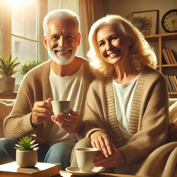 밝은 거실에서 티를 마시는 노년 부부 – 안정적인 노후 지원의 상징