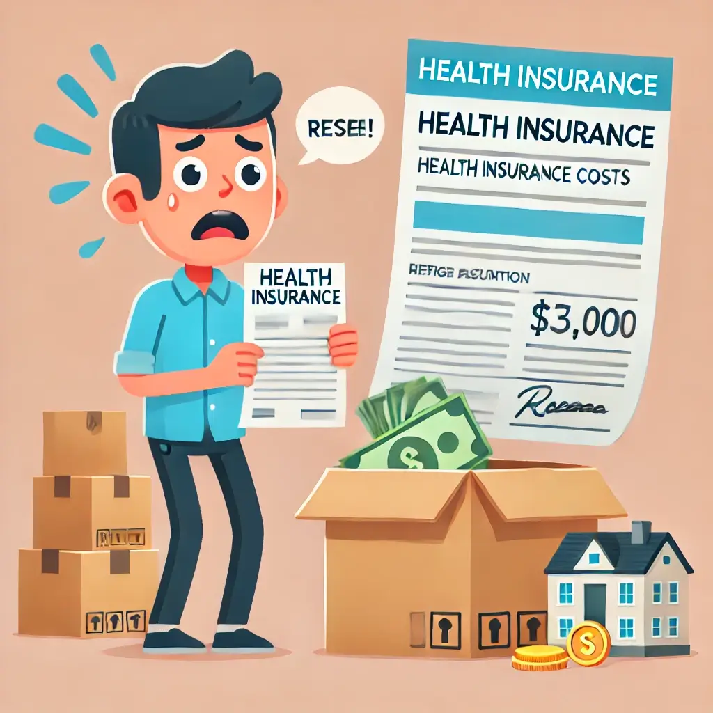 퇴사 후 이사로 인해 건강보험료 부담이 늘어나 놀란 사람을 시각적으로 나타낸 일러스트 이미지
