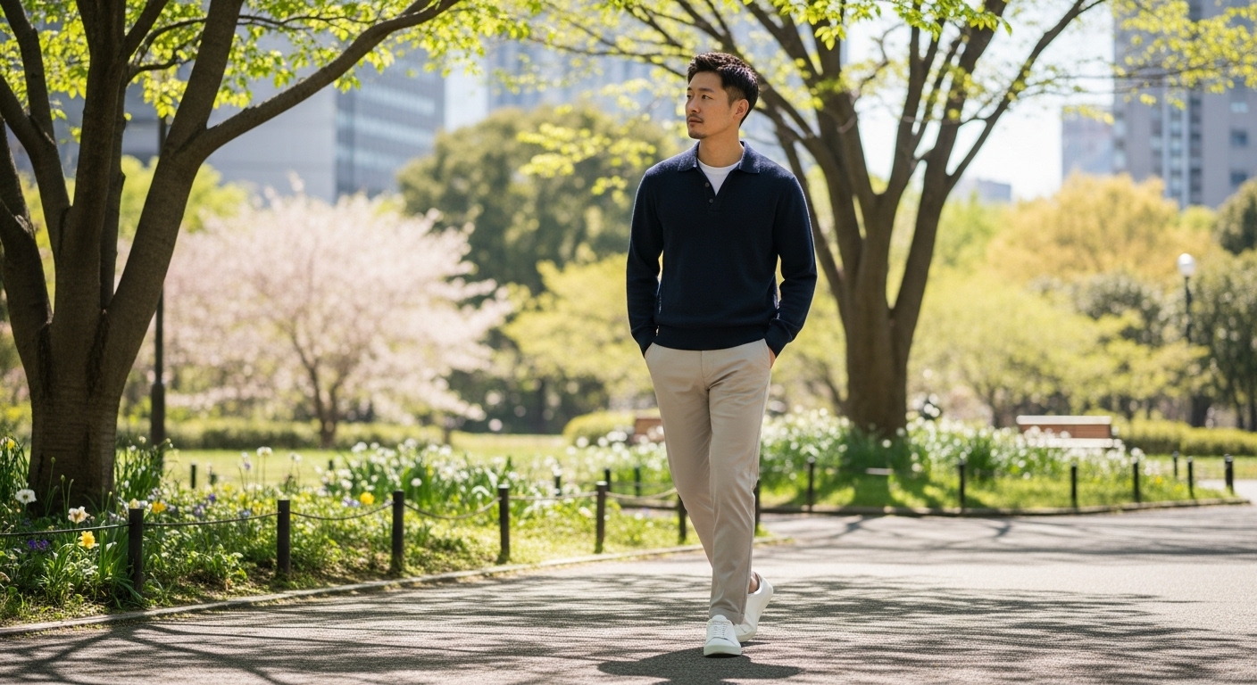 네이비 카라 니트와 베이지 치노 팬츠, 흰색 스니커즈를 매치하여 편안하고 스타일리시한 주말 데이트룩을 연출한 남성