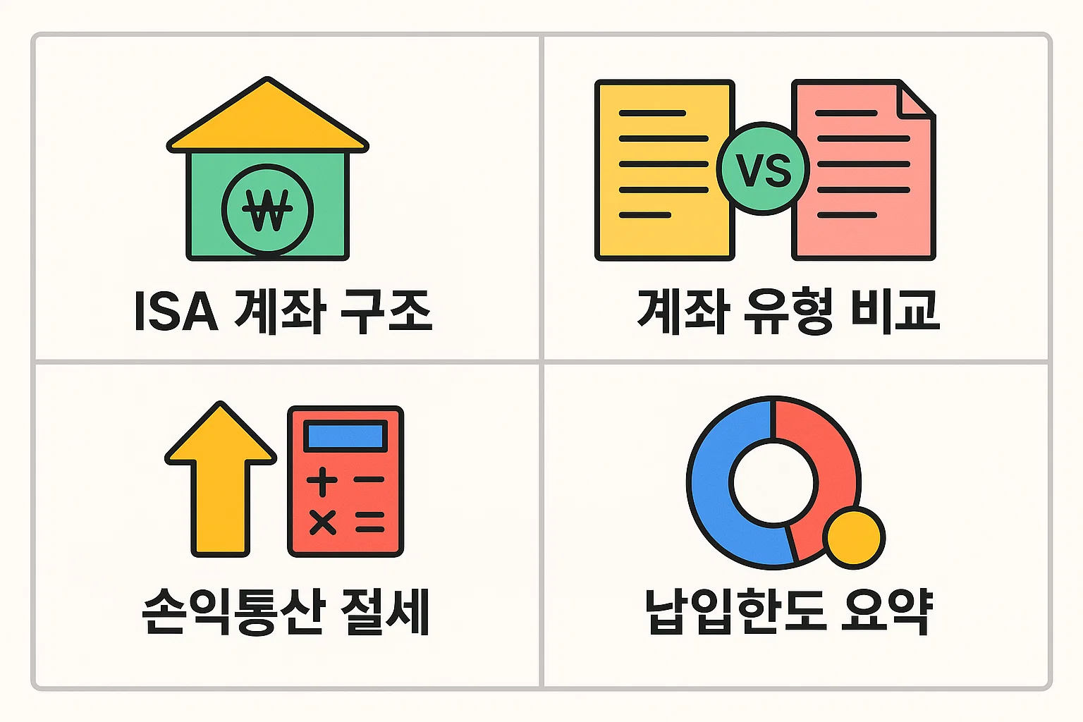 ISA 계좌란 무엇인지 이해할 수 있도록 계좌 구조, ISA 유형 비교, 손익통산 절세 개념, 납입한도 요약 정보를 아이콘과 함께 설명한 2025년 기준 인포그래픽 자료