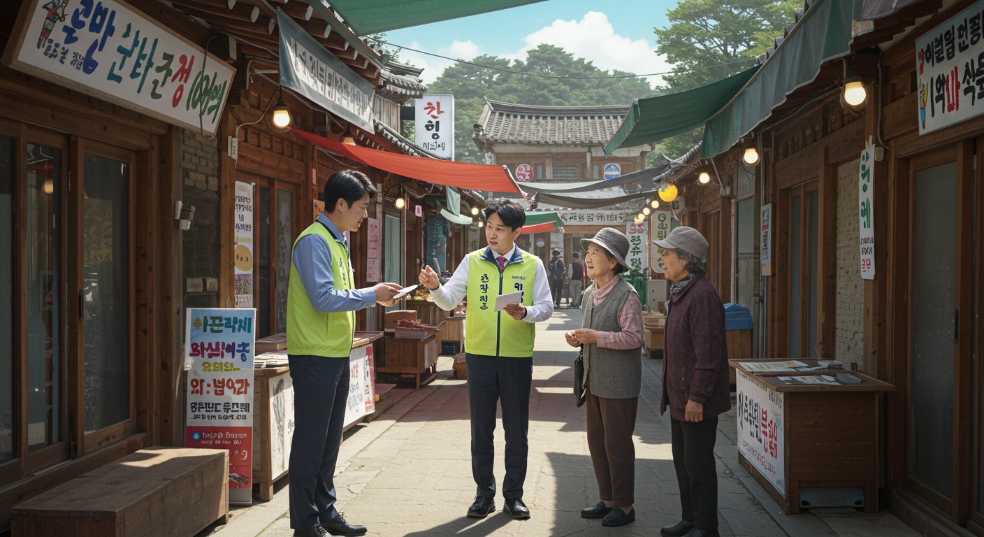 한국 전통시장 노점에서 어르신에게 정책 설명 중인 공무원