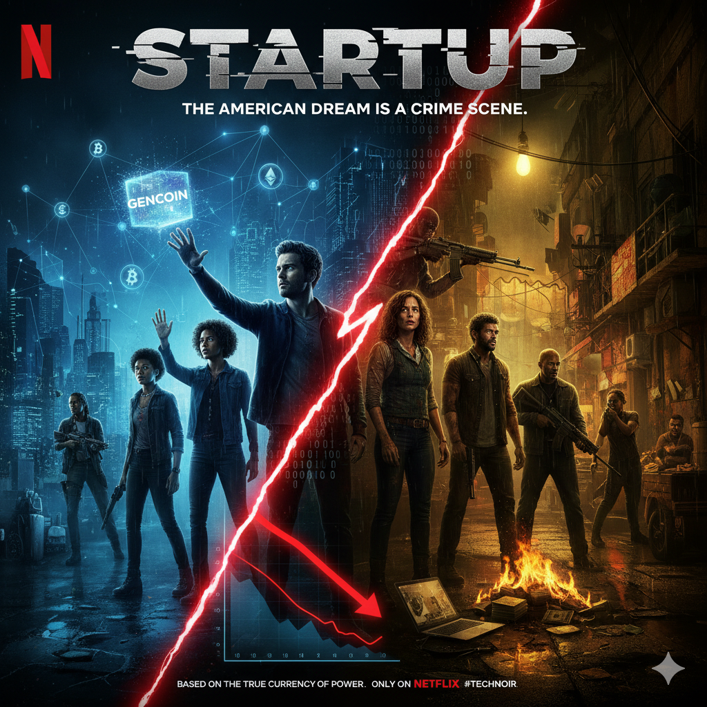 넷플릭스 드라마 'StartUp'의 포스터. 중앙에 붉은 번개 모양의 균열과 하락하는 붉은 화살표 그래프를 경계로, 왼쪽에는 'GENCOIN' 디지털 큐브를 든 인물들이 푸른빛 속에, 오른쪽에는 총을 든 인물들이 불길이 치솟는 어두운 거리 배경 속에 배치됨. 상단에는 'THE AMERICAN DREAM IS A CRIME SCENE'이라는 문구가 적힌 범죄 스릴러 컨셉의 이미지