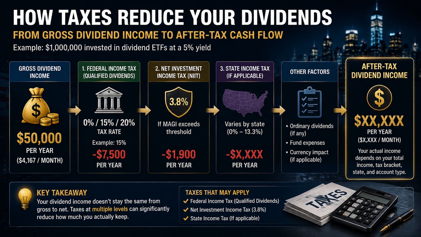 Dividend ETF tax structure showing federal income tax, Net Investment Income Tax, state tax, and after-tax dividend income