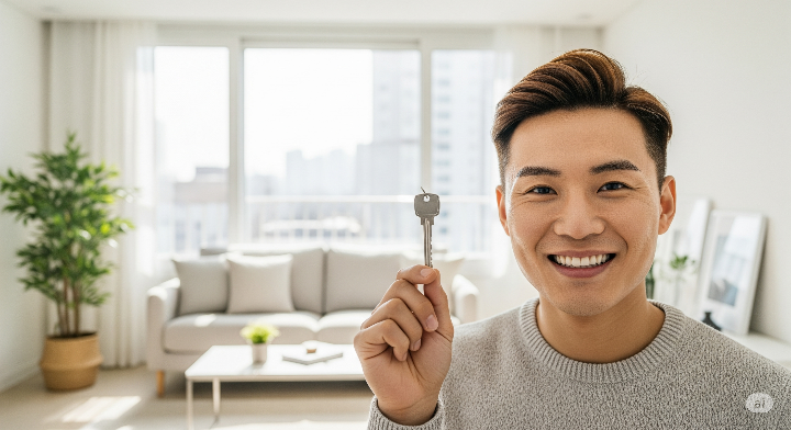 성공적으로 내 집 마련의 꿈을 이룬 남자가 새 아파트에서 밝게 웃으며 열쇠를 들고 있는 모습