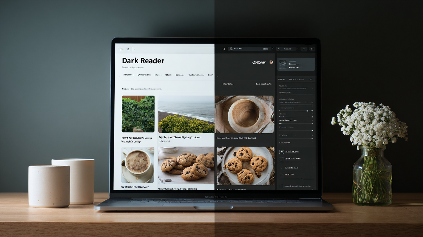 Before-and-after split screen of a website: left bright light mode, right dark mode with controls.