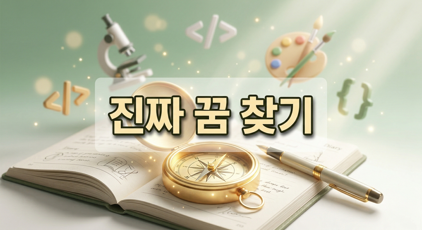 펜과 함께 펼쳐진 일기장 위에 놓인 빛나는 황금 나침반과 배경에 현미경, 팔레트 등 다양한 진로 상징 요소가 떠 있는 3D 일러스트 배경에, 짙은 그림자와 외곽선으로 선명하게 강조된 '진짜 꿈 찾기'라는 한글 문구가 중앙에 적힌 이미지