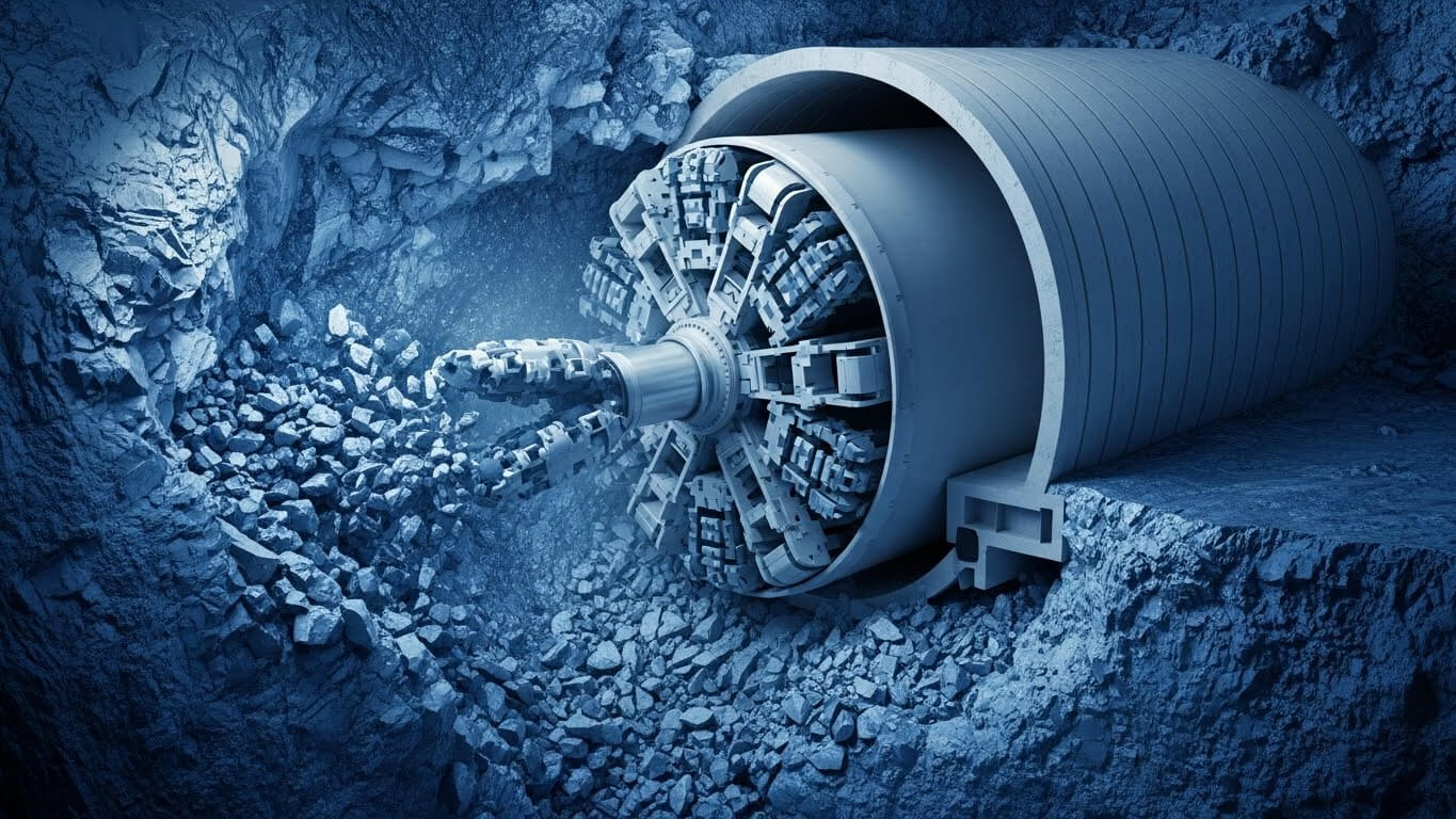 터널뚫는 굴착기가 돌아가면서 터널을 뚫고있다