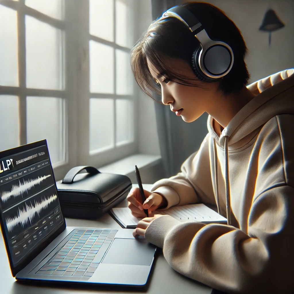 JLPT 청해 문제를 연습하는 학생의 모습