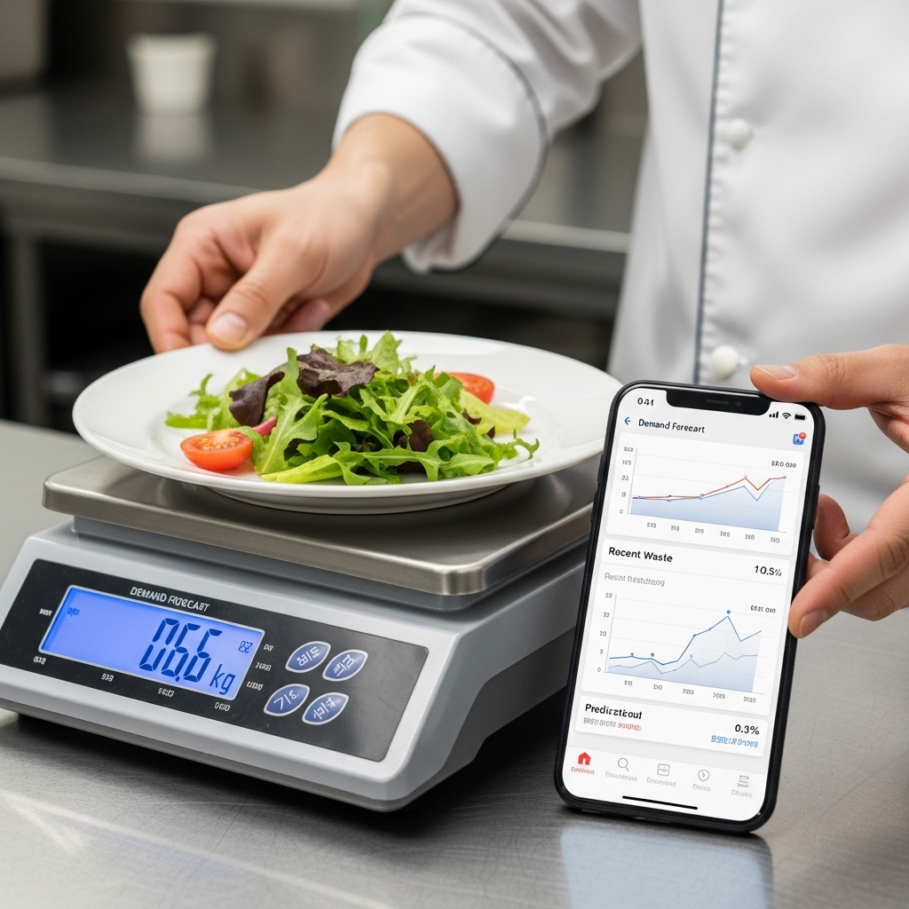 Korean chef’s hand (male, late 20s) placing a plate with leftover salad onto a stainless steel digital scale displaying weight in kilograms
