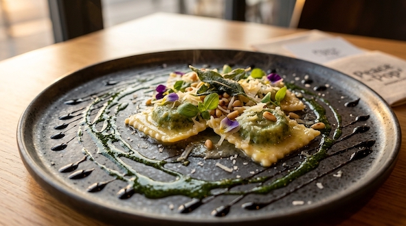 ravioli with drizzling sauce