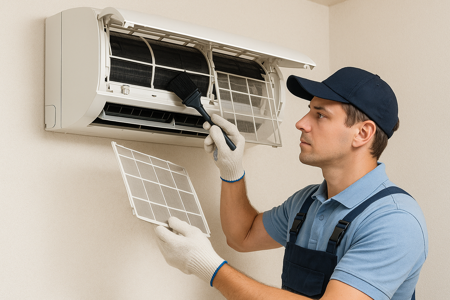 에어컨을 청소하는 남자가 있는 사진