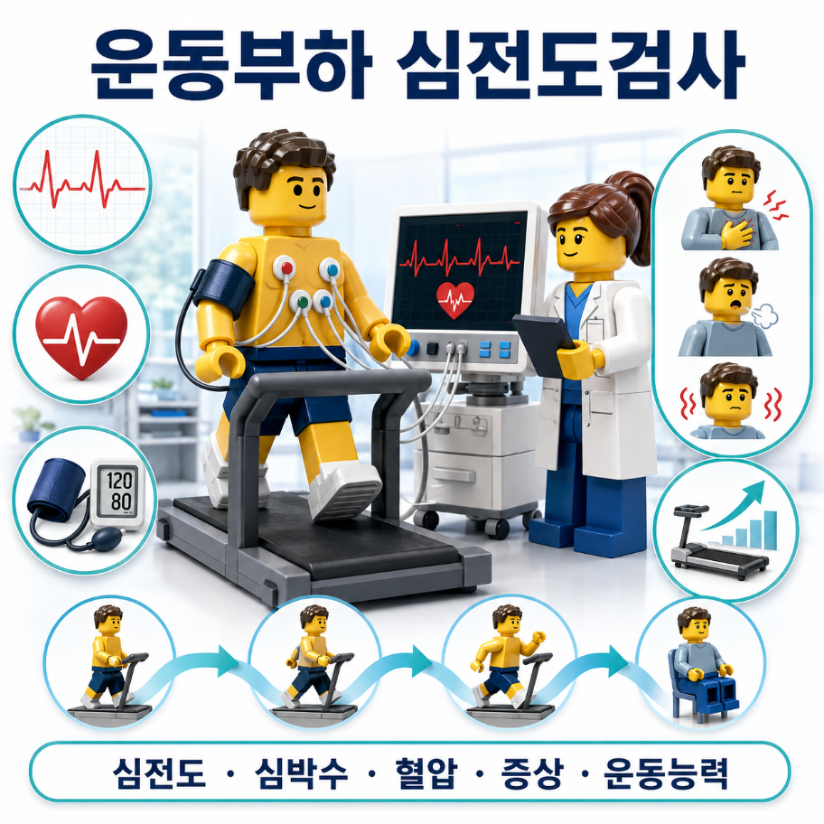 운동부하 심전도검사에서 러닝머신 운동 중 심전도와 혈압을 측정하는 의료 인포그래픽