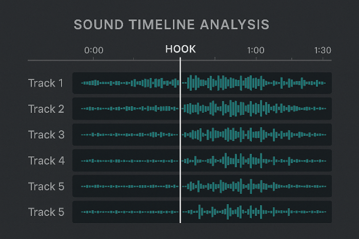 K팝 트랙의 훅 등장 시점을 비교한 타임라인 이미지
