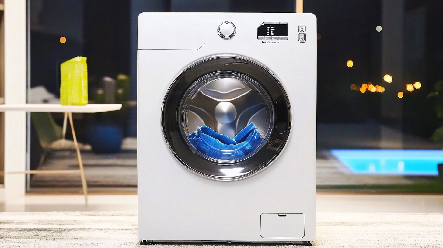 조용한 나이트 씬에서 작동 중인 삼성 세탁기, 세련된 현대 아파트 배경과 은은한 조명