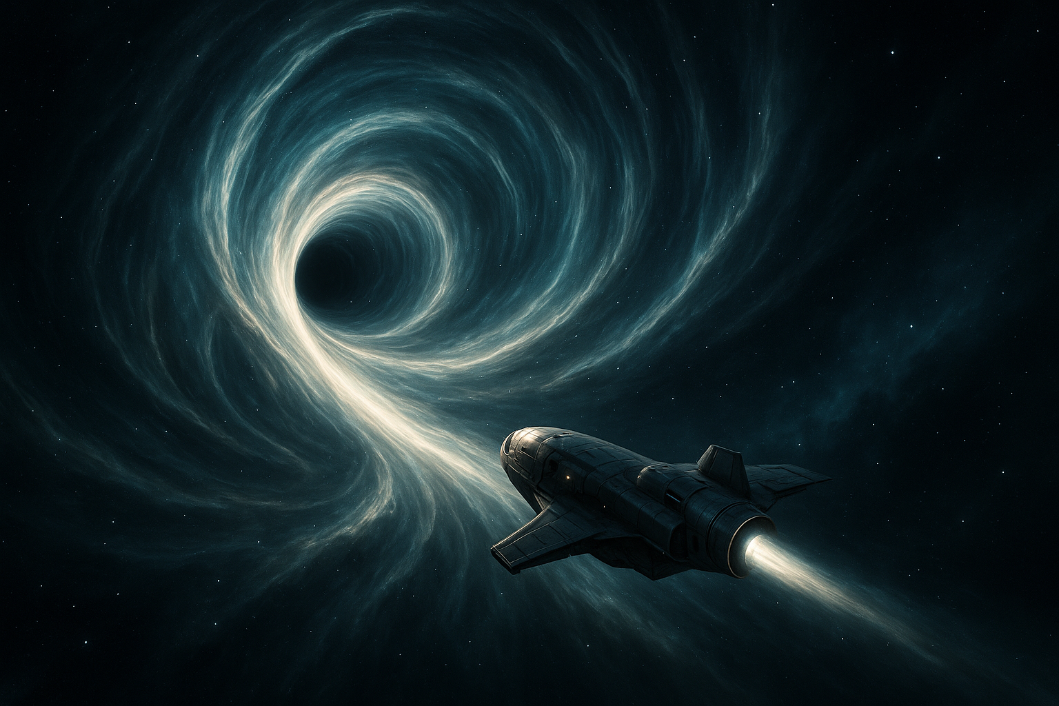 여분 중력 관련 참조 일러스트, 우주선이 어떤 공간 속으로 날아가는 모습