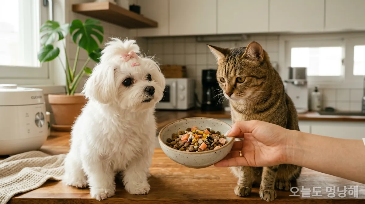 사료와 영양제가 섞인 그릇을 바라보는 강아지와 고양이