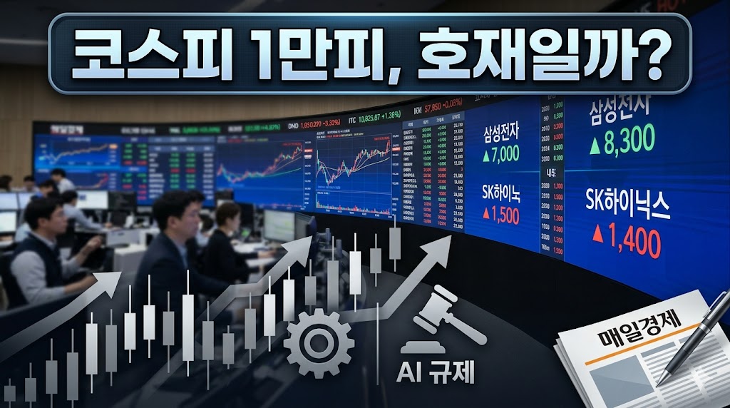 역동적인 주가 캔들 차트와 'AI 규제'를 상징하는 가벨 아이콘, '하이퍼스케일러 재무부담'을 뜻하는 기어 아이콘이 오버레이 된 이미지. 상단 중앙에는 '코스피 1만피, 호재일까?'라는 썸네일 문구가 크고 하얀 글씨로 명확하게 박혀 있으며, 오른쪽 하단에는 매일경제 신문 스크랩과 볼펜이 놓여 있는 모바일 최적화 썸네일 디자인.