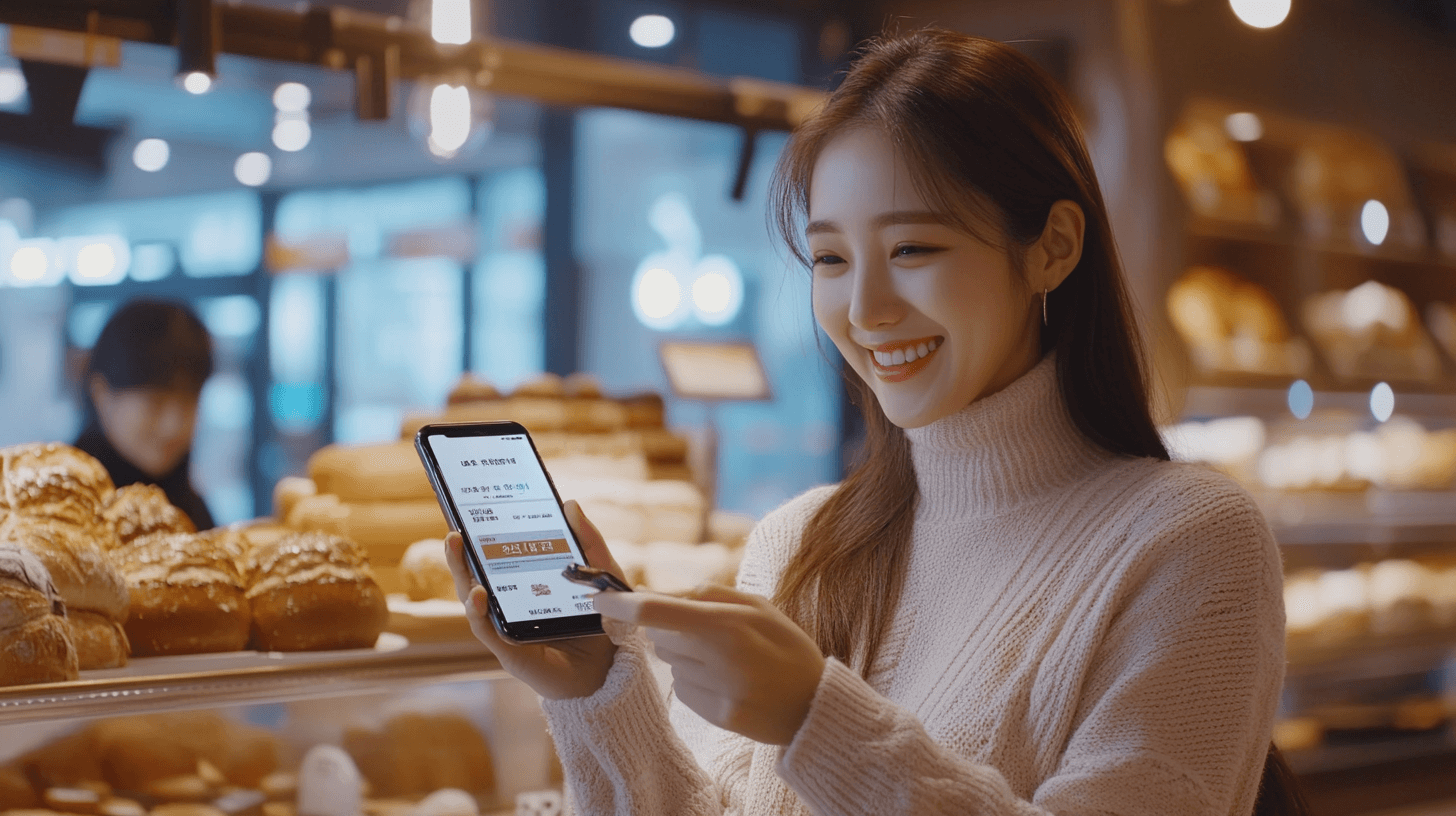 빵집에-휴대폰을-들고-있는-여성