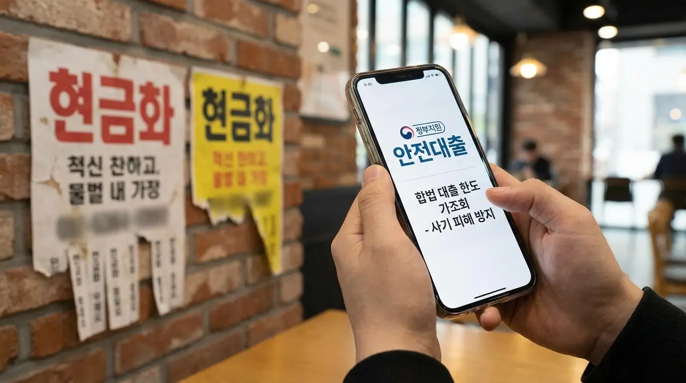 스마트폰으로 안전한 합법 대부 중개 앱이나 정부 지원 대출 한도를 가조회하여 불법 현금화 사기를 피하는 모습