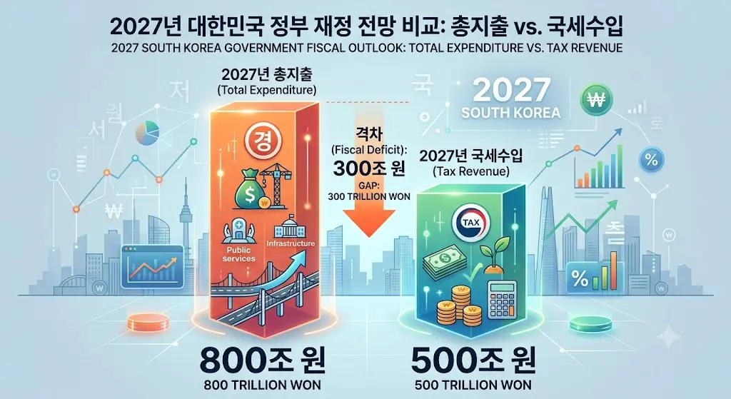 2027년 총지출 800조원과 국세수입 500조원 전망을 비교한 이미지