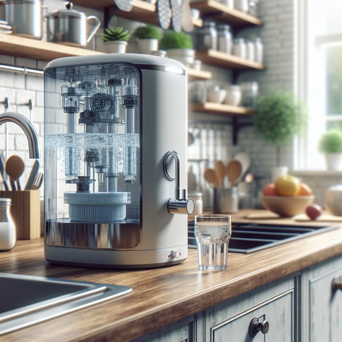 A stylish smart water purifier in a modern kitchen with a smartphone app displaying water quality mo
