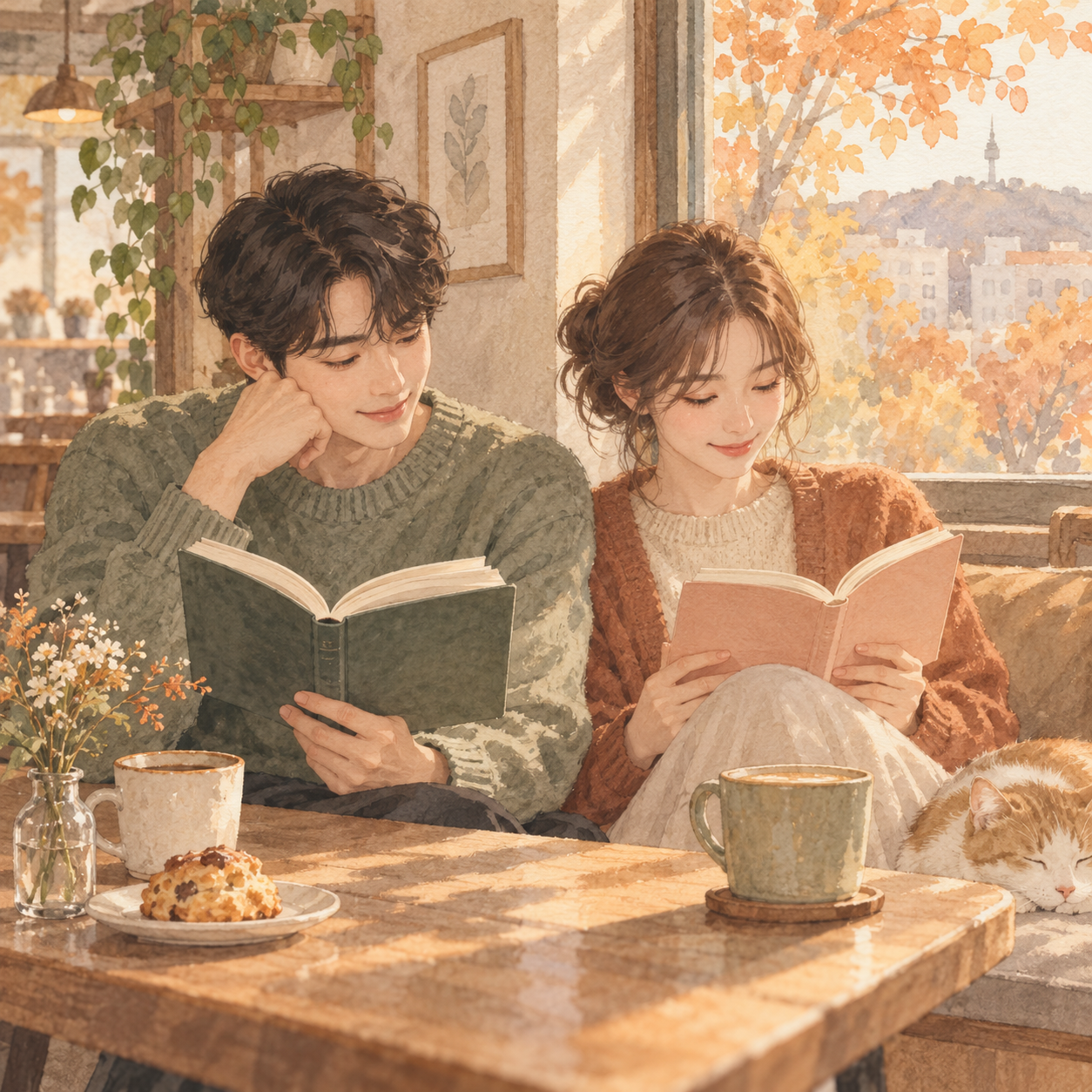 카페에서 편안하게 책을 읽는 연인