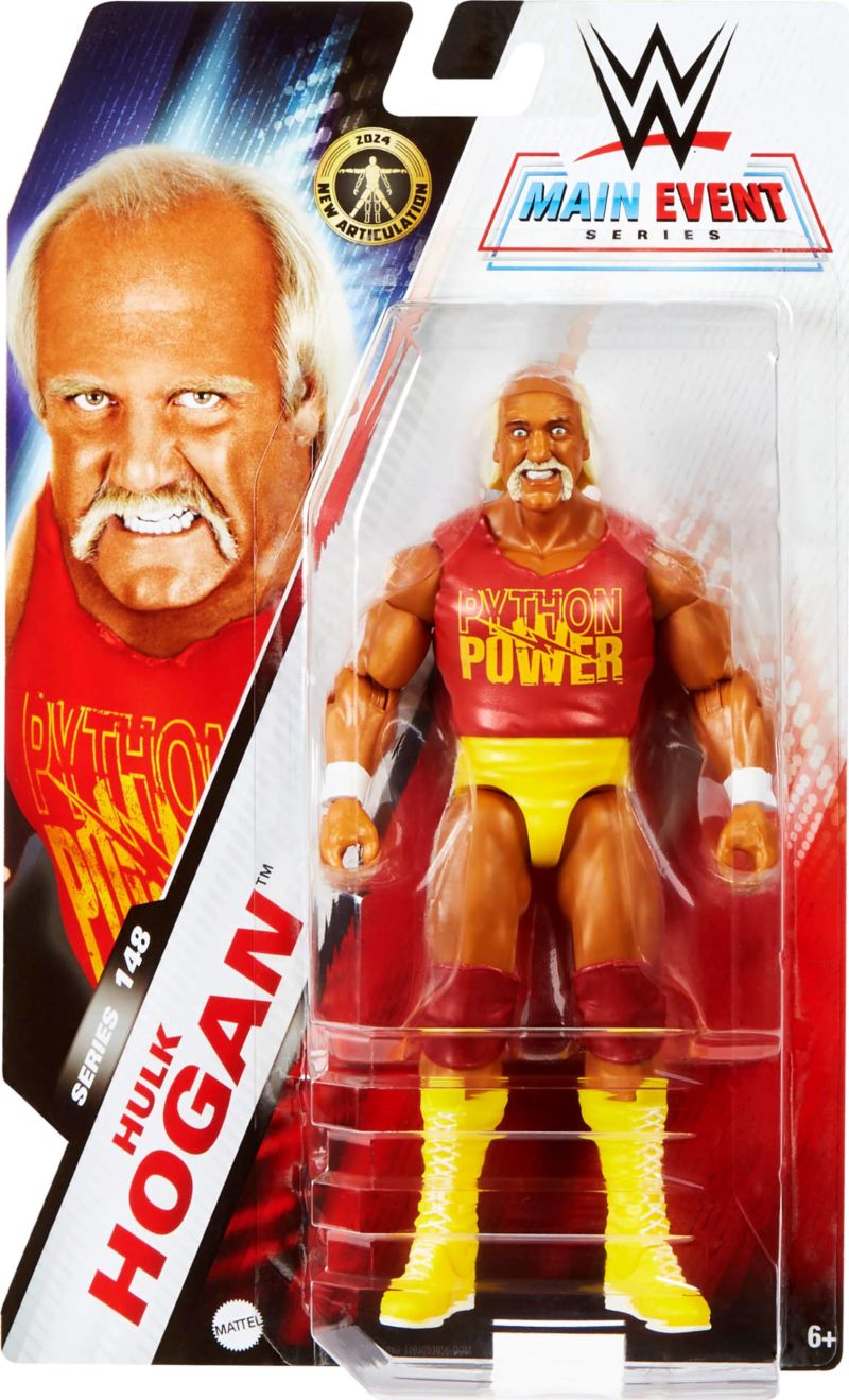 WWE 메인 이벤트 시리즈의 헐크 호건 피규어. 빨간색 'PYTHON POWER' 셔츠와 노란색 부츠를 착용한 채 포장 박스 안에 진열되어 있다.