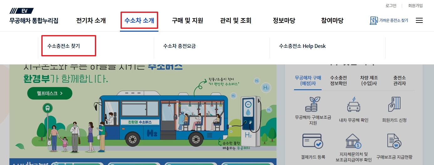통합 웹페이지에서 수소차 메뉴를 찾아 들어가는 과정