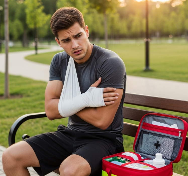 다친 팔을 잡고 앉아있는 사람과 응급처치 키트