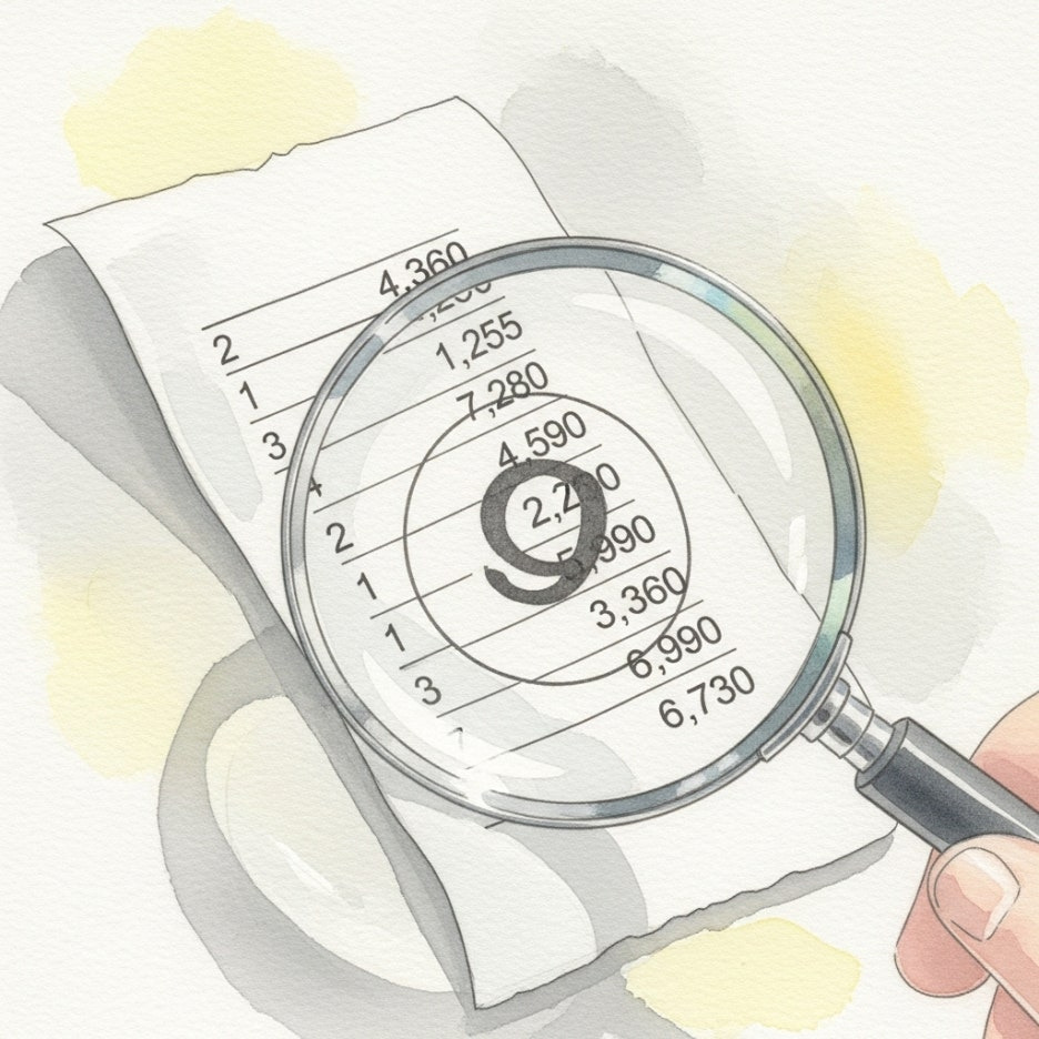 돋보기로 영수증의 세부 항목을 확인하는 장면