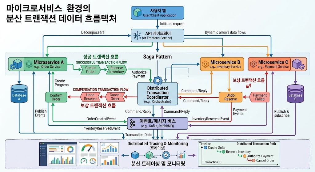 물리적으로 분산된 마이크로서비스 데이터베이스 노드 간의 트랜잭션을 동적으로 통제하고 데이터 정합성을 맞추는 분산 시스템 구조