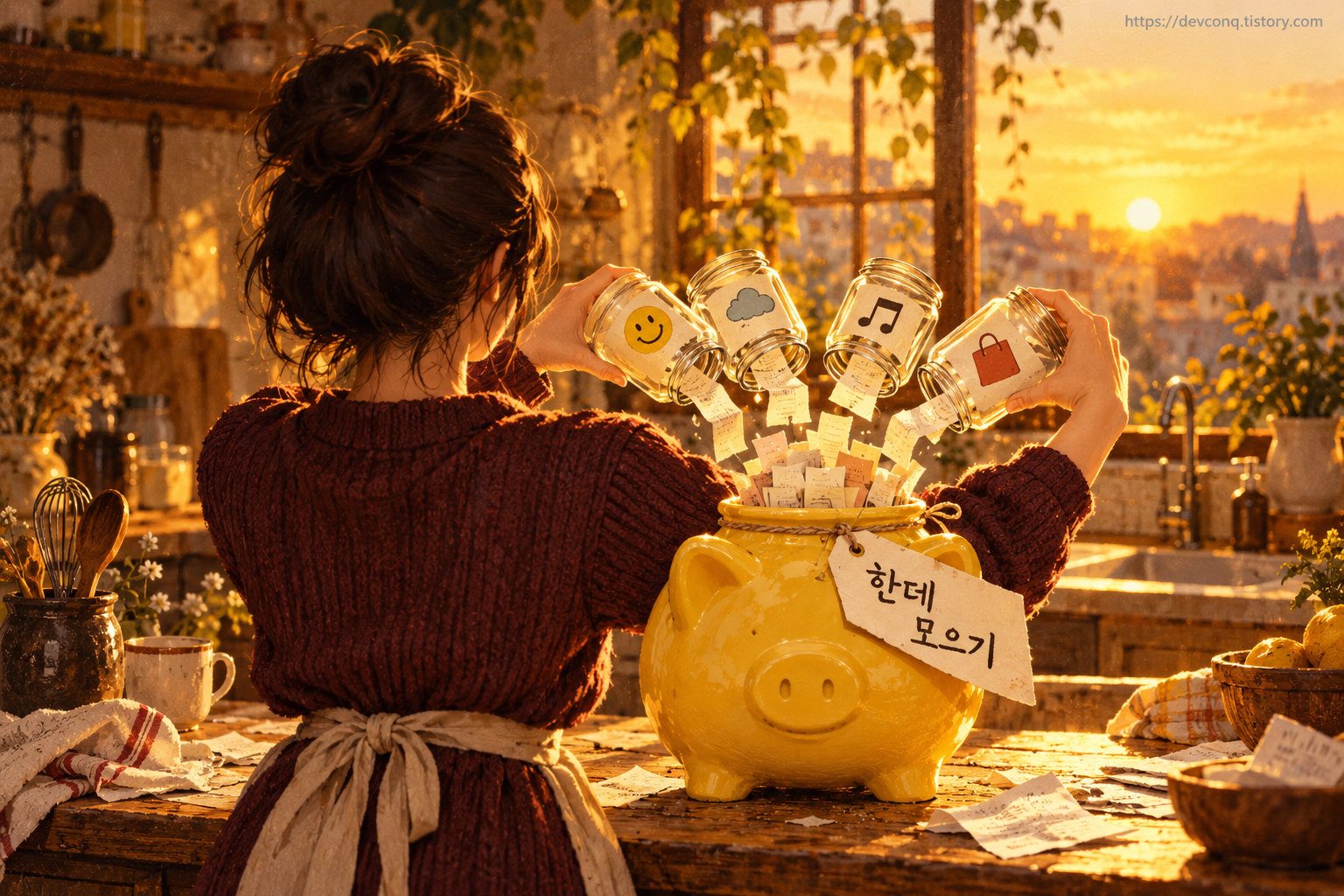 작은 병 여러 개의 혜택을 큰 노란 저금통 항아리 하나로 모으는 일러스트, "한데 모으기" 꼬리표
