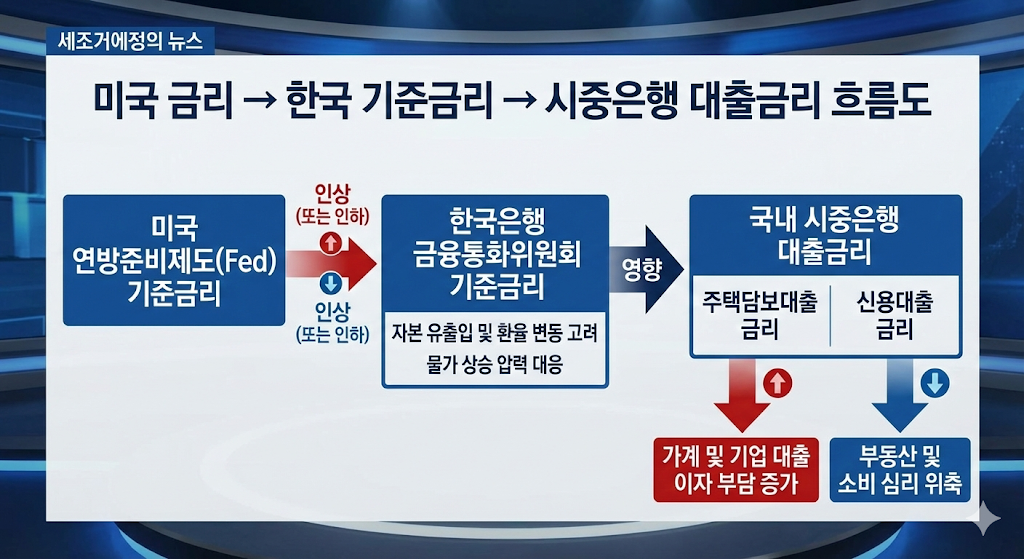 미국 금리 &rarr; 한국 기준금리 &rarr; 시중은행 대출금리 흐름도