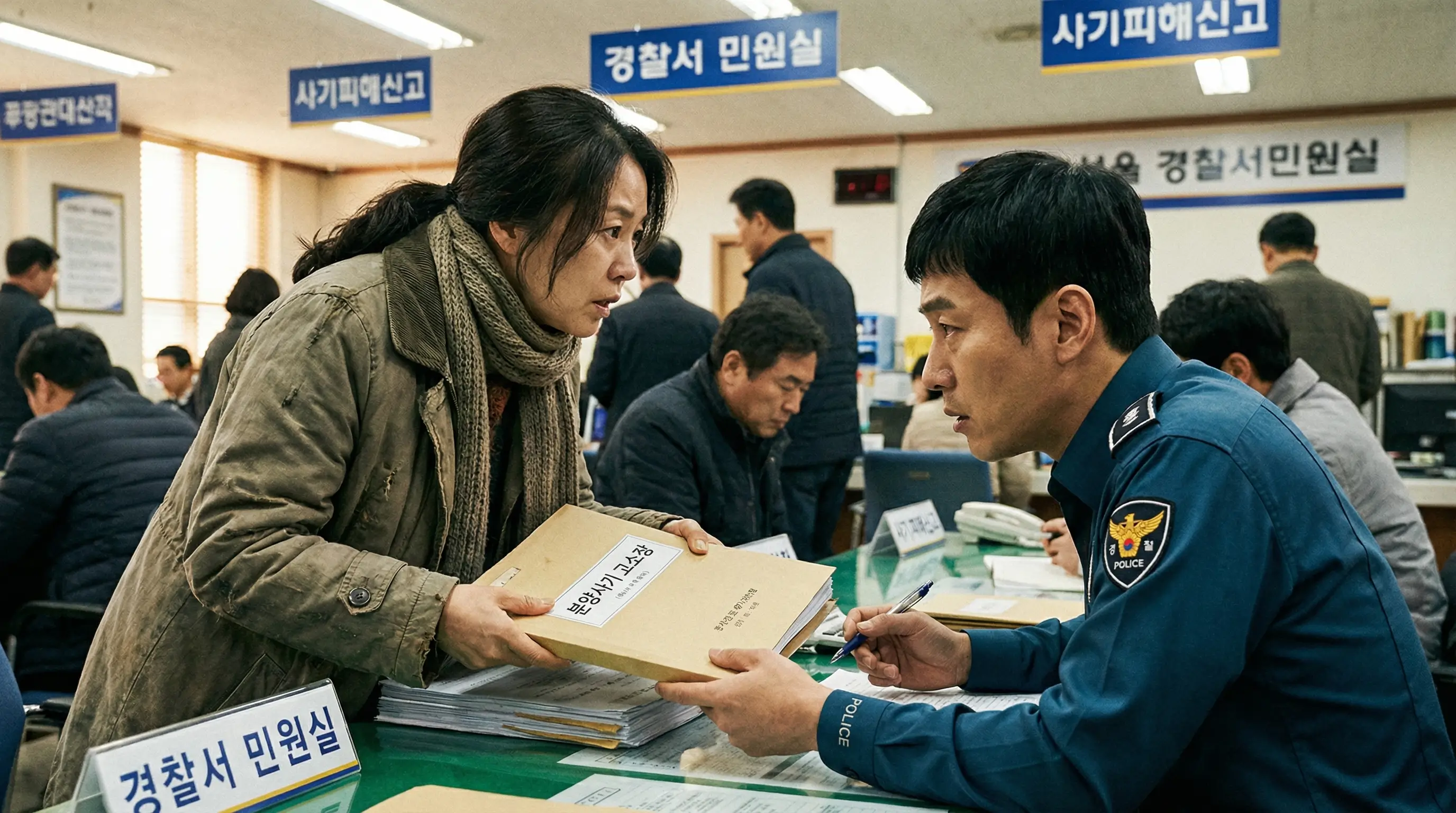 경찰서 민원실에서 한국인 여성이 분양 사기 고소장과 증거 서류를 제출하며 담당 경찰관과 상담하는 진지한 분위기