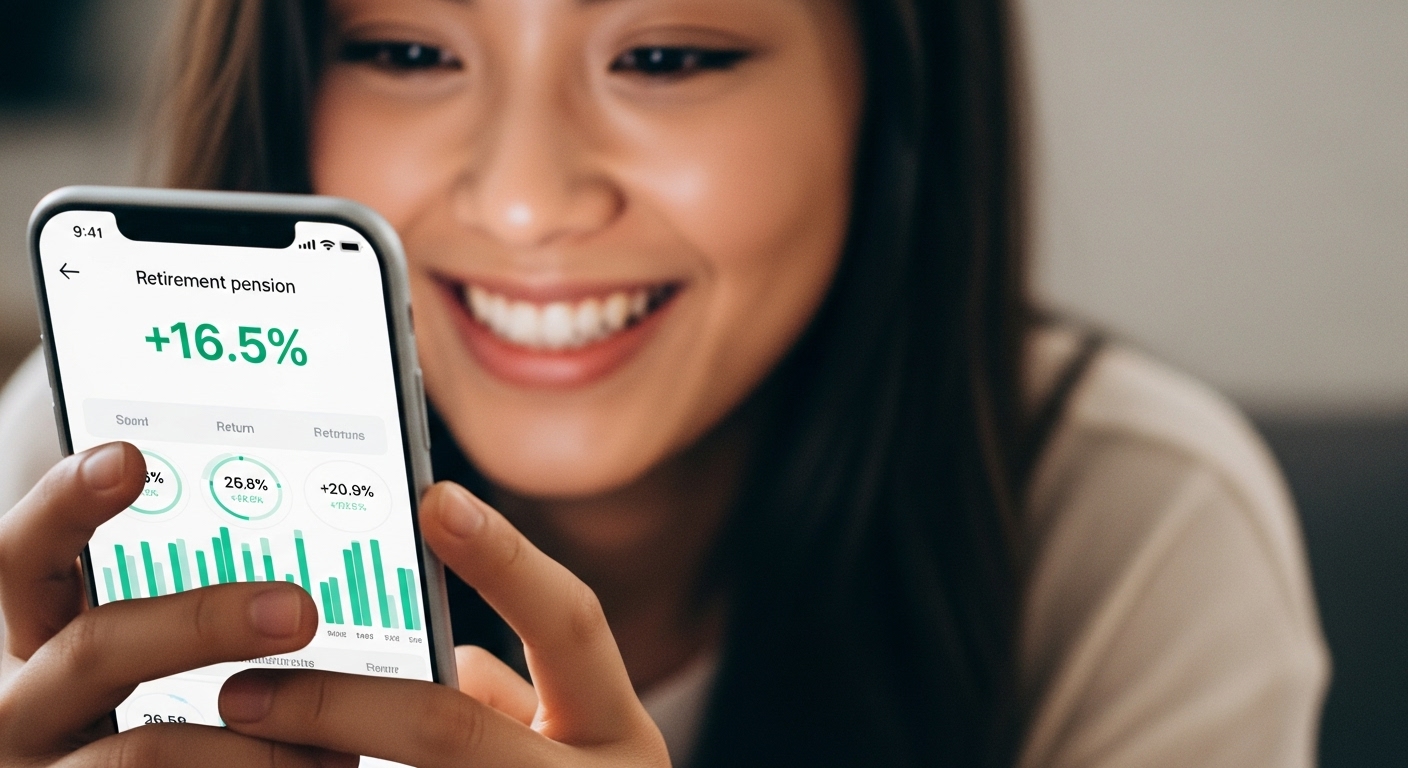 스마트폰 퇴직연금 앱에서 16.5% 수익률을 확인하고 활짝 웃는 직장인의 모습