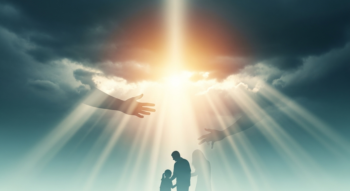 어두운 구름 사이로 빛이 비치는 모습과 위로받는 가족 실루엣. 긴급복지지원으로 위기를 극복하는 희망적인 순간을 상징합니다.