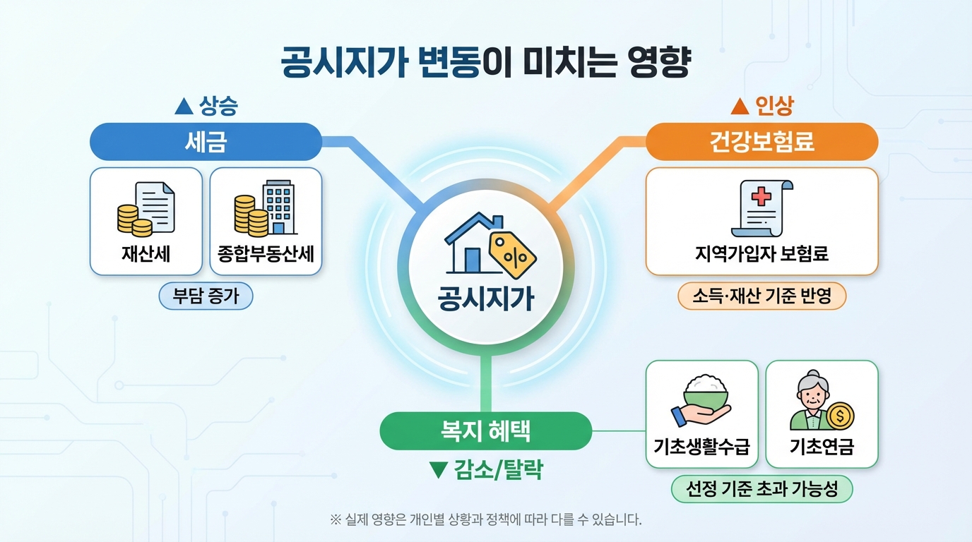 공시가격이 세금, 건보료, 복지 수급에 미치는 영향을 설명하는 인포그래픽