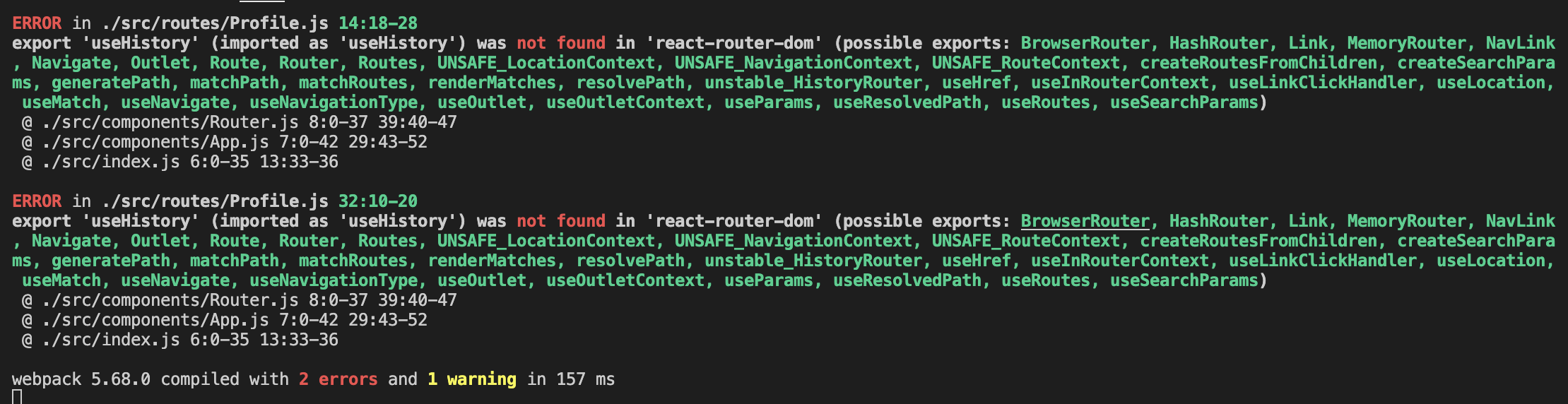 This is error log of "export 'useHistory' (imported as 'useHistory') was not found in 'react-router-dom'"