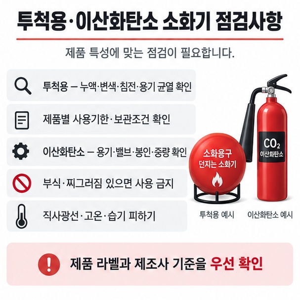 투척용 소화용구의 누액 변색 균열과 이산화탄소 소화기의 용기 밸브 중량 부식 상태를 점검하는 방법을 정리한 이미지