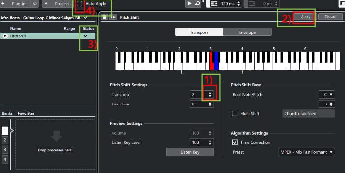 'Transpose'에 '피치 쉬프트'할 숫자 입력