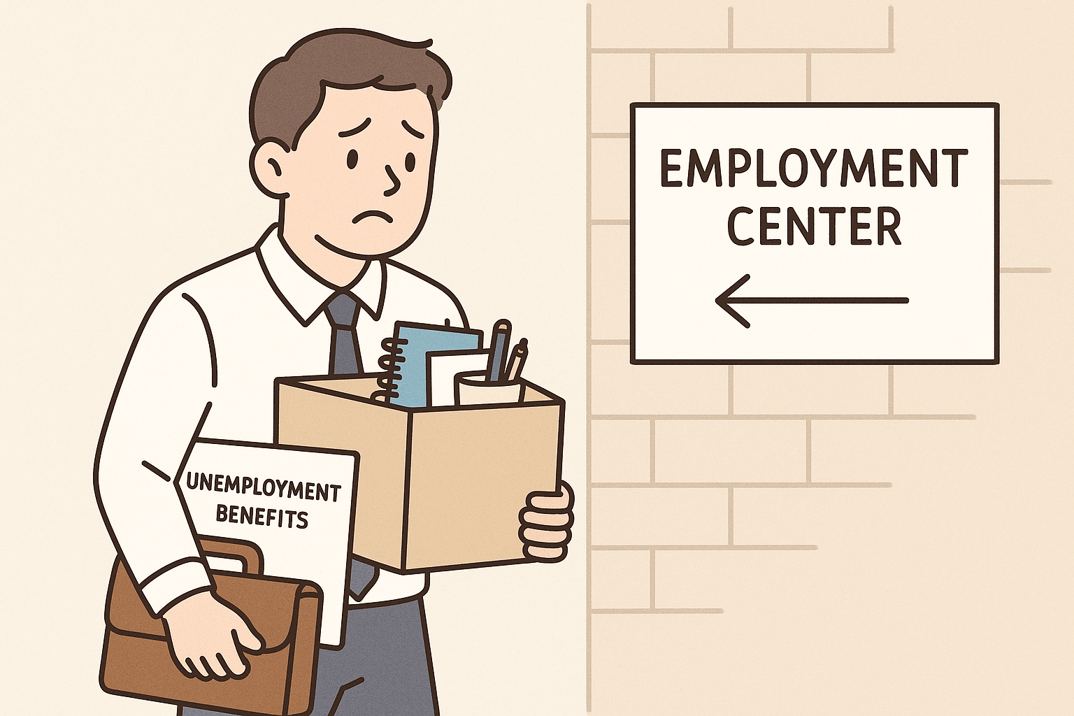 회사의 귀책사유로 인하여 비자발적인 퇴사를 한 구직자가 고용센터에 서류를 제출하러 가는 모습을 시각적으로 표현한 일러스트 이미지