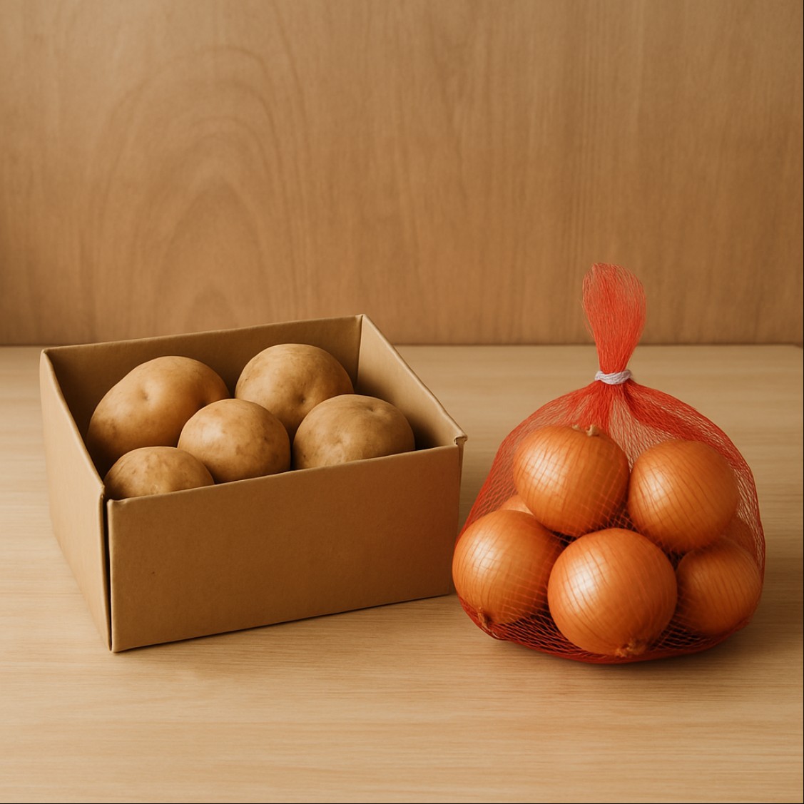 감자와 양파를 분리해 보관하는 방법을 보여주는 이미지