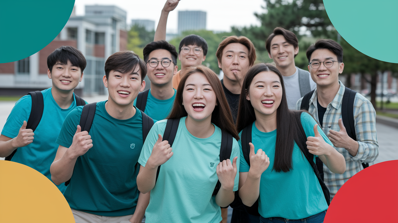 9명의 젊은 남녀 대학생이 봄에 맞는 얇은 옷을 입고 함께 카메라를 보고 웃고 있는 모습