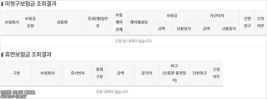 내보험찾아줌 미청구보험금&#44; 휴면보험금 조회 결과