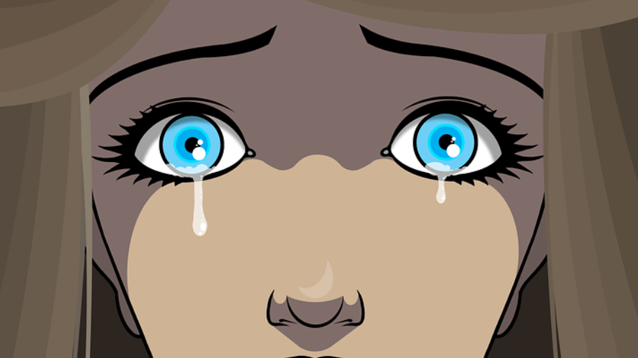 눈물이 자주 자는 이유로 울고 있는 파랑색의 눈동자