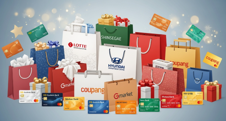 코리아세일페스타 기간 동안의 다양한 할인 혜택과 프로모션을 상징하는 쇼핑백, 선물 상자, 신용카드