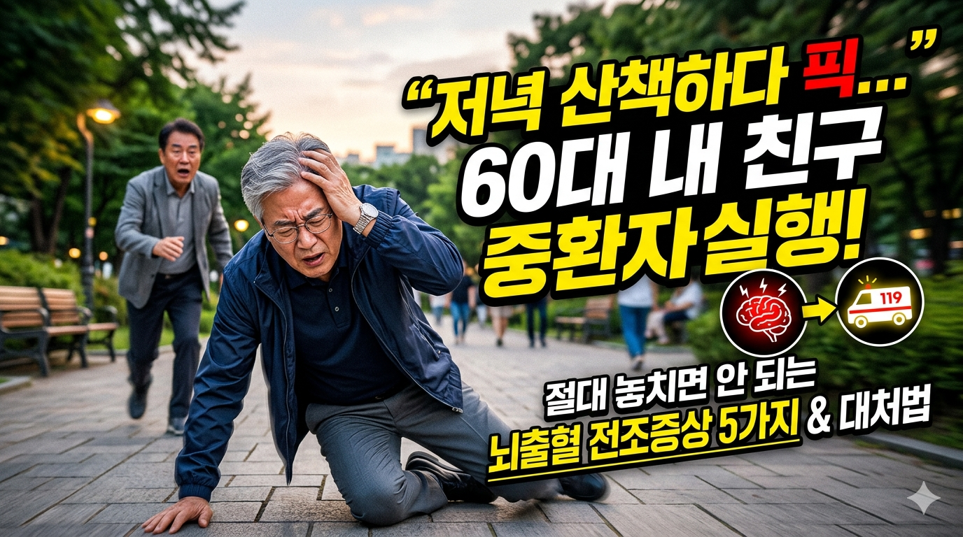 "저녁 공원 산책 중 갑자기 심한 두통과 어지럼증을 느끼며 중심을 잃고 쓰러지려는 60대 중년 남성의 모습"