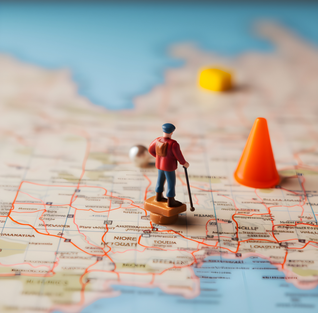 세계지도 위에 서있는 남자 피규어