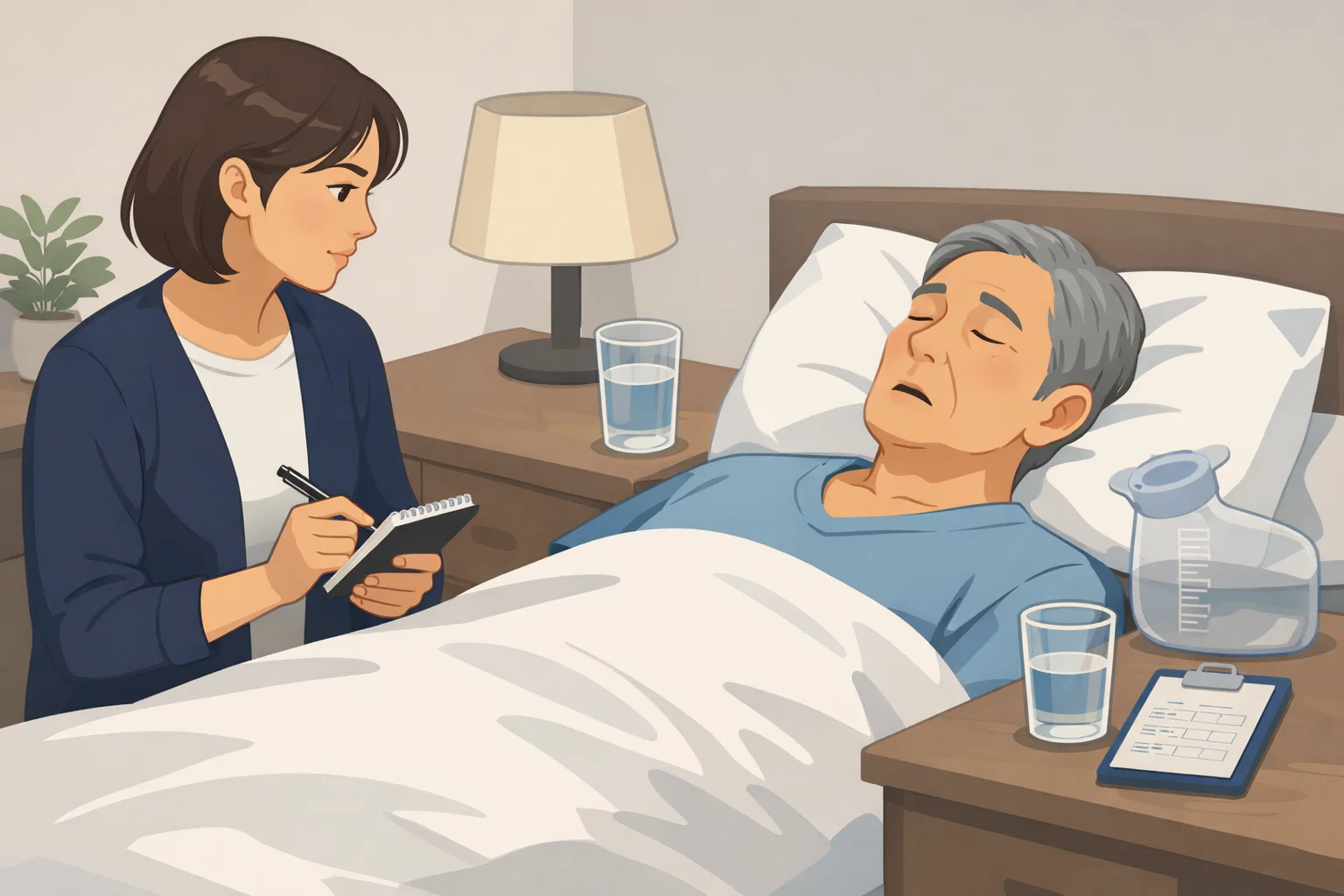 췌장암 말기 4기 마지막증상 과정에서 환자의 호흡과 의식, 전반적인 상태 변화를 곁에서 기록하고 살피는 장면을 담은 관찰형 이미지